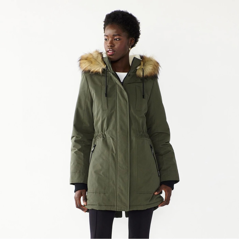 Nine West, Army Green, Olive, Faux Fur, Hooded Jacket, Size XL, Sherpa, Quilted
